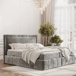 Boxspringbed met hoofdeinde van chenillestof – Sundown – matras en dekmatras – 200×200 cm – grijs