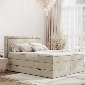 Boxspringbed met hoofdeinde van bouclestof – Rosabel – matras en dekmatras – 200×200 cm – beige