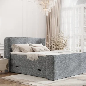 Boxspringbed met hoofdeinde van bouclestof – Freeland – matras en dekmatras – 140×200 cm – grijs Boxspringbed met hoofdeinde van bouclestof – Freeland – matras en dekmatras – 140×200 cm – grijs