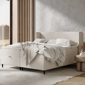 Boxspringbed met hoofdeinde van geweven stof – Monpelli – matras en dekmatras – 140×200 cm – beige