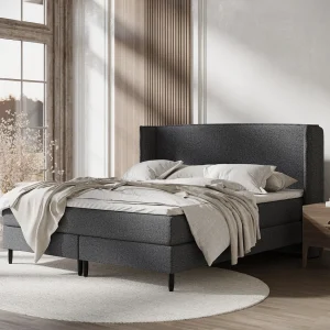 Boxspringbed met hoofdeinde van geweven stof – Ardis – matras en dekmatras – 160×200 cm – zwart