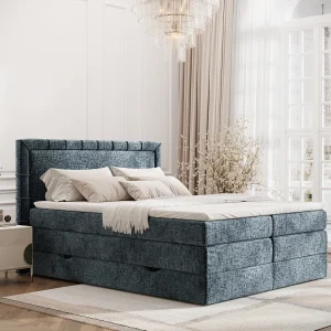 Boxspringbed met hoofdeinde van chenillestof – Rosabel – matras en dekmatras – 180×200 cm – blauw