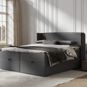 Boxspringbed met hoofdeinde van geweven stof – Passion – matras en dekmatras – 140×200 cm – zwart