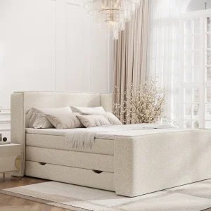 Boxspringbed met hoofdeinde van bouclestof – Freeland – matras en dekmatras – 180×200 cm – creme Boxspringbed met hoofdeinde van bouclestof – Freeland – matras en dekmatras – 180×200 cm – creme