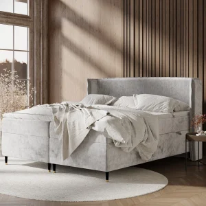 Boxspringbed van chenillestof Segni – matras – topper matras – 160×200 cm – lichtgrijs