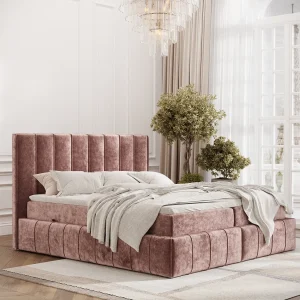 Boxspringbed met hoofdeinde van chenillestof – Moretti – matras en dekmatras – 160×200 cm – roze Boxspringbed met hoofdeinde van chenillestof – Moretti – matras en dekmatras – 160×200 cm – roze