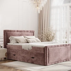 Boxspringbed met hoofdeinde van chenillestof – Estelle – matras en dekmatras – 180×200 cm – roze Boxspringbed met hoofdeinde van chenillestof – Estelle – matras en dekmatras – 180×200 cm – roze