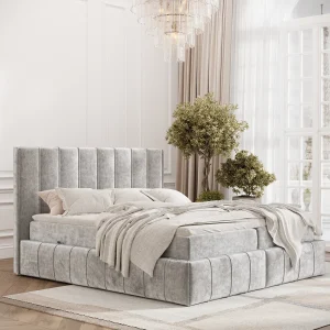 Boxspringbed met hoofdeinde van chenillestof – Moretti – matras en dekmatras – 140×200 cm – lichtgrijs Boxspringbed met hoofdeinde van chenillestof – Moretti – matras en dekmatras – 140×200 cm – lichtgrijs