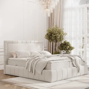 Boxspringbed met hoofdeinde van geweven stof – Sundown – matras en dekmatras – 200×200 cm – beige
