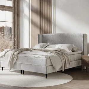 Boxspringbed met hoofdeinde van chenillestof – Ardis – matras en dekmatras – 160×200 cm – lichtgrijs Boxspringbed met hoofdeinde van chenillestof – Ardis – matras en dekmatras – 160×200 cm – lichtgrijs