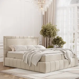 Boxspringbed met hoofdeinde van bouclestof – Sundown – matras en dekmatras – 200×200 cm – beige