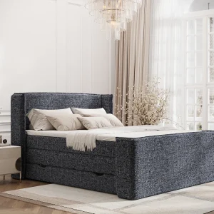 Boxspringbed met hoofdeinde van geweven stof – Freeland – matras en dekmatras – 200×200 cm – marineblauw