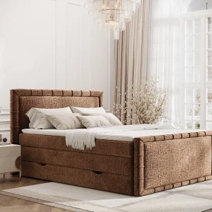Boxspringbed met hoofdeinde van chenillestof – Estelle – matras en dekmatras – 160×200 cm – koper Boxspringbed met hoofdeinde van chenillestof – Estelle – matras en dekmatras – 160×200 cm – koper