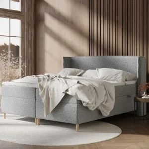 Boxspringbed van boucléstof Segni – matras – toppermatras – 200×200 cm – grijs