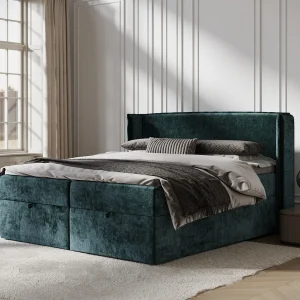 Boxspringbed met hoofdeinde van chenillestof – Passion – matras en dekmatras – 140×200 cm – blauwgroen