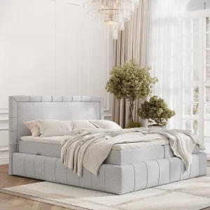 Boxspringbed met hoofdeinde van geweven stof – Sundown – matras en dekmatras – 180×200 cm – lichtgrijs