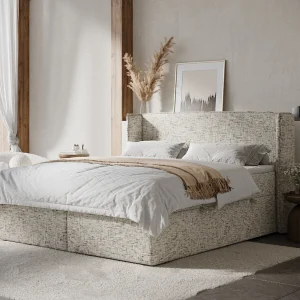 Boxspringbed met hoofdeinde van geweven stof – Skyline – matras en dekmatras – 180×200 cm – beige mélangé