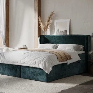 Boxspringbed met hoofdeinde van chenillestof – Skyline – matras en dekmatras – 180×200 cm – blauwgroen
