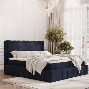 Boxspringbed met hoofdeinde van geweven stof – Sundown – matras en dekmatras – 160×200 cm – marineblauw