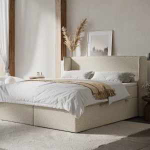 Boxspringbed met hoofdeinde van bouclestof – Skyline – matras en dekmatras – 140×200 cm – beige