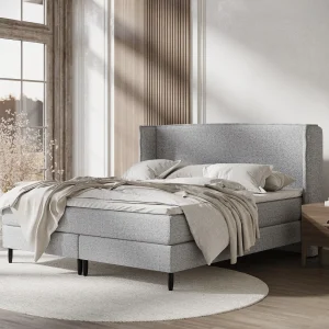 Boxspringbed met hoofdeinde van geweven stof – Ardis – matras en dekmatras – 200×200 cm – grijs