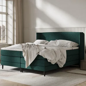 Boxspringbed met hoofdeinde van geweven stof – Carizzo – matras en dekmatras – 140×200 cm – groen