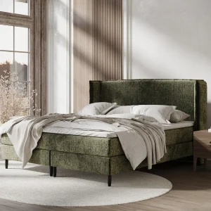 Boxspringbed met hoofdeinde van chenillestof – Ardis – matras en dekmatras – 140×200 cm – olijfgroen Boxspringbed met hoofdeinde van chenillestof – Ardis – matras en dekmatras – 140×200 cm – olijfgroen