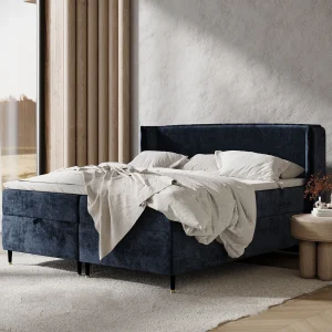 Boxspringbed met hoofdeinde van chenillestof – Monpelli – matras en dekmatras – 140×200 cm – marineblauw Boxspringbed met hoofdeinde van chenillestof – Monpelli – matras en dekmatras – 140×200 cm – marineblauw