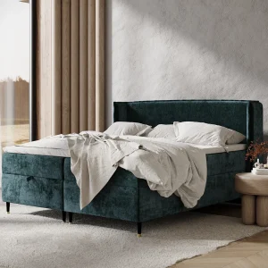 Boxspringbed met hoofdeinde van chenillestof – Monpelli – matras en dekmatras – 160×200 cm – blauwgroen