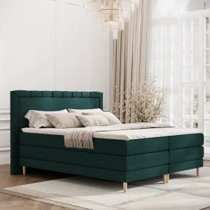Boxspringbed met hoofdeinde van geweven stof – Rimini – matras en dekmatras – 140×200 cm – groen