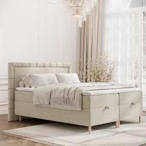 Boxspringbed met hoofdeinde van bouclestof – Voyage – matras en dekmatras – 140×200 cm – beige
