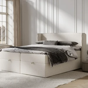 Boxspringbed met hoofdeinde van geweven stof – Passion – matras en dekmatras – 160×200 cm – beige
