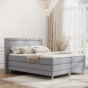Boxspringbed met hoofdeinde van geweven stof – Rimini – matras en dekmatras – 160×200 cm – grijs