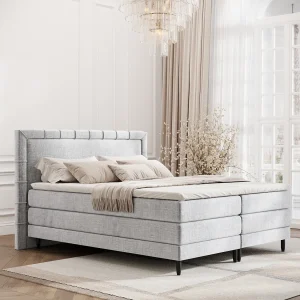 Boxspringbed met hoofdeinde van chenillestof – Rimini – matras en dekmatras – 140×200 cm – lichtgrijs Boxspringbed met hoofdeinde van chenillestof – Rimini – matras en dekmatras – 140×200 cm – lichtgrijs