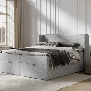 Boxspringbed met hoofdeinde van geweven stof – Passion – matras en dekmatras – 200×200 cm – grijs