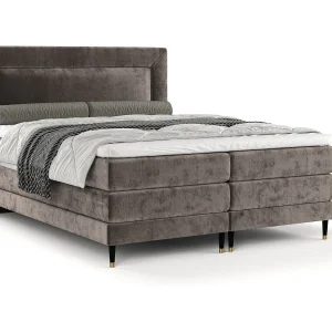 Boxspringbed met hoofdeinde van chenillestof – Madame – matras en dekmatras – 140×200 cm – bruin