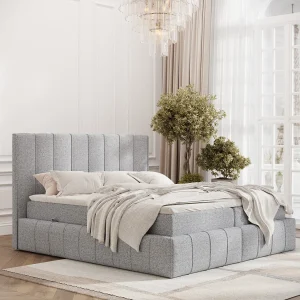 Boxspringbed met hoofdeinde van geweven stof – Moretti – matras en dekmatras – 140×200 cm – grijs