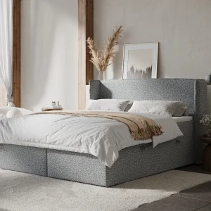 Boxspringbed met hoofdeinde van bouclestof – Skyline – matras en dekmatras – 140×200 cm – grijs