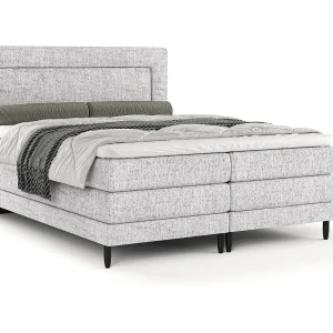 Boxspringbed met hoofdeinde van geweven stof – Madame – matras en dekmatras – 200×200 cm – lichtgrijs
