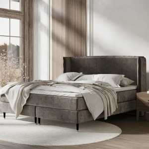 Boxspringbed met hoofdeinde van chenillestof – Ardis – matras en dekmatras – 140×200 cm – bruin
