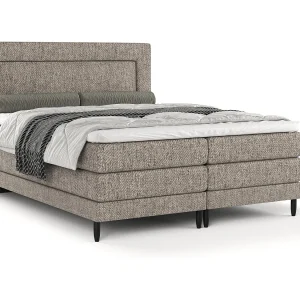 Boxspringbed met hoofdeinde van geweven stof – Madame – matras en dekmatras – 160×200 cm – lichtbruin