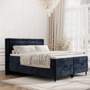 Boxspringbed met hoofdeinde van chenillestof – Voyage – matras en dekmatras – 160×200 cm – marineblauw Boxspringbed met hoofdeinde van chenillestof – Voyage – matras en dekmatras – 160×200 cm – marineblauw