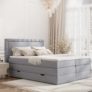 Boxspringbed met hoofdeinde van geweven stof – Rosabel – matras en dekmatras – 200×200 cm – grijs