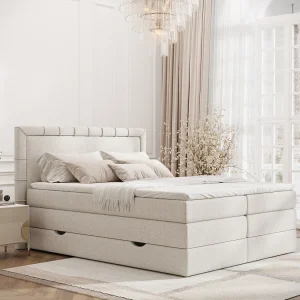 Boxspringbed met hoofdeinde van geweven stof – Rosabel – matras en dekmatras – 180×200 cm – beige