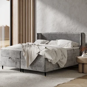 Boxspringbed met hoofdeinde van chenillestof – Monpelli – matras en dekmatras – 180×200 cm – grijs