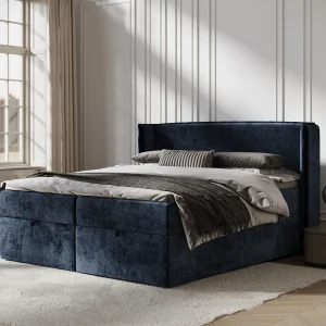 Boxspringbed met hoofdeinde van chenillestof – Passion – matras en dekmatras – 140×200 cm – marineblauw Boxspringbed met hoofdeinde van chenillestof – Passion – matras en dekmatras – 140×200 cm – marineblauw