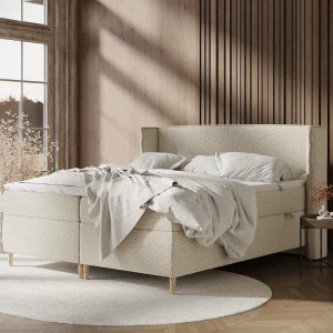 Boxspringbed van boucléstof Segni – matras – toppermatras – 200×200 cm – beige