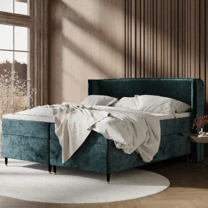 Boxspringbed van chenillestof Segni – matras – topper matras – 140×200 cm – blauwgroen Boxspringbed van chenillestof Segni – matras – topper matras – 140×200 cm – blauwgroen
