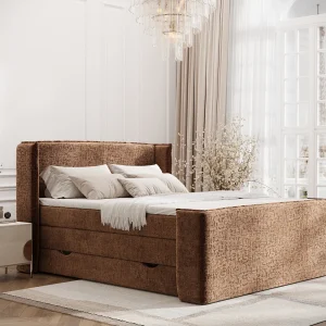 Boxspringbed met hoofdeinde van chenillestof – Freeland – matras en dekmatras – 200×200 cm – koper