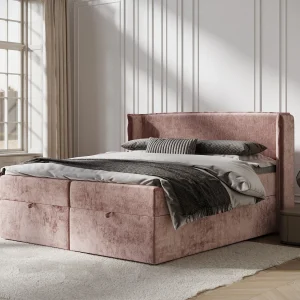 Boxspringbed met hoofdeinde van chenillestof – Passion – matras en dekmatras – 160×200 cm – roze